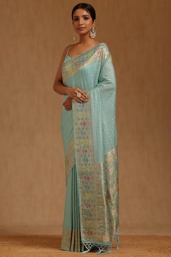 Soch Womens Turquoise Blue Silk Blend Zari Woven Saree With Zari Woven