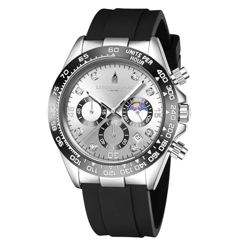 London Fog Bond Collection Analog Quartz Watch for Men with Silver Dial and Black Silicone Strap, Metal Case with Tachymeter Bezel, Chronograph Function, Date Display, LFM10003-02