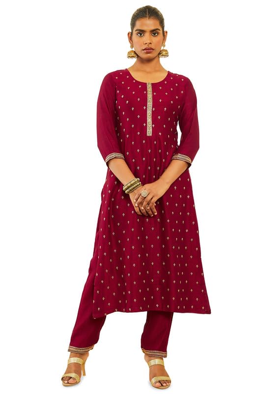Soch Womens Maroon Silk Blend Embroidered Suit Set with Zari Woven Dupatta