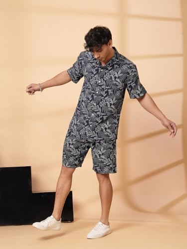 Rigo Printed Co-Ord Set for Men's | Casual Shirt & Shorts Night Suit Set | Lounge-wear Nightdress Pajama Set for Men's | Night Wear, Beach Wear, Vacation Wear Outfit Azure Blue
