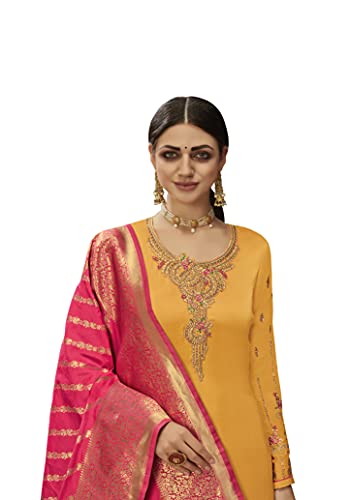 VUBA Women's Satin Embroidered Suit Semi Stitched Top with Unstitched Bottom and Pure Banarasi Dupatta Dress Material(Pakistani Salwar Suit),Yellow, Knee-Length, Casual Dress