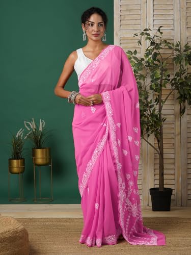 Ada Hand Embroidered Lucknow Chikan Faux Georgette Women's Chikan Saree With Blouse A130252 Pink