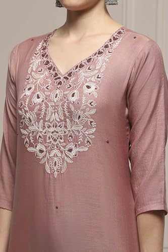 Biba Women Beige Mul Chanderi Blend Hand Embroidered Unstitched Suit Set_FREE SIZE