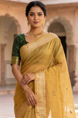 SGF11 Women's Cotton Linen Soft Silk Saree With Unstitched Blouse Piece (Yellow)
