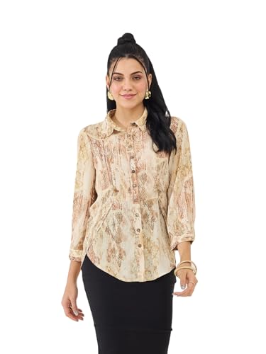 Latin Quarters Women's Beige Printed 3/4th Sleeve Collar Neck Casual Shirt_S