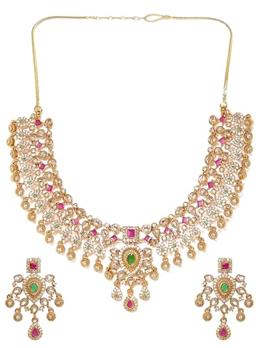 Rubans Regal Gold Tone Temple Necklace Set with Multicolored Stones For Women