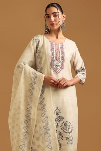 Soch Womens Cream Linen Digital Print Botanical Thread Work Salwar Suit
