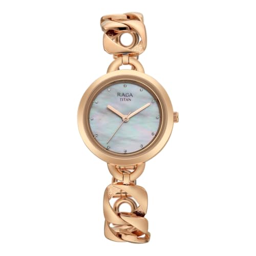 Titan Raga Unlocked Quartz 3 Hand Round Natural White Mother of Pearl Dial, IP Rose Gold Strap Watch for Women - 2826WM01