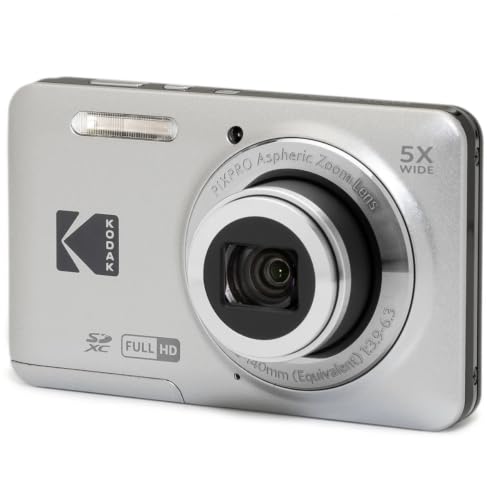 Kodak PIXPRO FZ55 Digital Camera (Silver) | 16MP Sensor, 5X Optical Zoom, 28mm Wide-Angle Lens & Full HD Video | Great for Travel & Beginner Photography (FZ55SR) + 32GB Card + Case + Cleaning Cloth