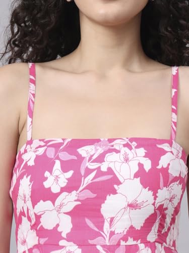 Divena Pink Floral Shoulder Straps Cotton Dress