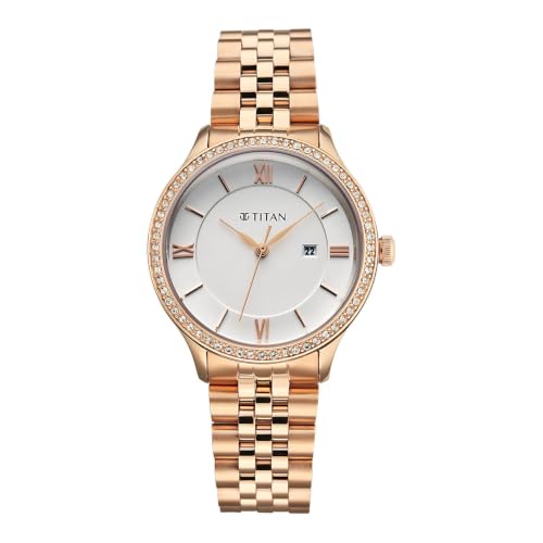 Titan Purple Prestige Quartz 3 Hands + Date Round White Dial, Rose Gold Stainless Steel Strap Watch for Women - 95247WM01