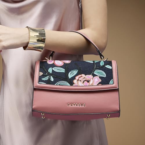Caprese Elsa Medium Sling Bag for Women with Adjustable & Detachable Strap | Embroidered & Solid Faux Leather Crossbody Purse | Multi-Compartment Handheld Bag for Special Occasions (Cosmetic Pink)