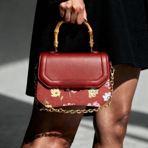MAROON Women's Floral Satchel Handbag with Bamboo Style Handle & Gold Chain Strap