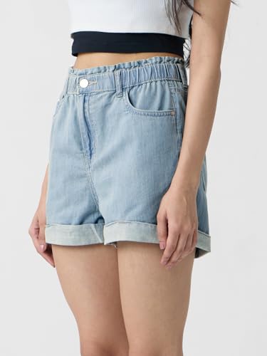 The Souled Store Denim Shorts: Stone Women and Girls Buttoned Solid Cotton Above The Knee Denim Shorts