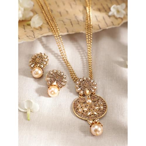 Rubans Women's 22K Gold-Plated Beige Cz-Studded Pearl Beaded Handcrafted Jewellery Set