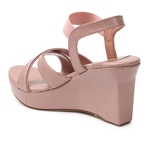 XE Looks Women's Peach Wedge Heel Sandals | Stylish Cross Strap Slip-On Sandals for Girls | Comfortable Cushioned Sole | Open Toe Design | Ideal for Casual