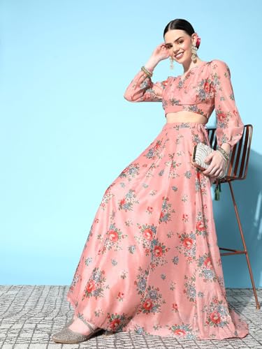 Peach Floral Wrap Crop Top With Anarkali Skirt