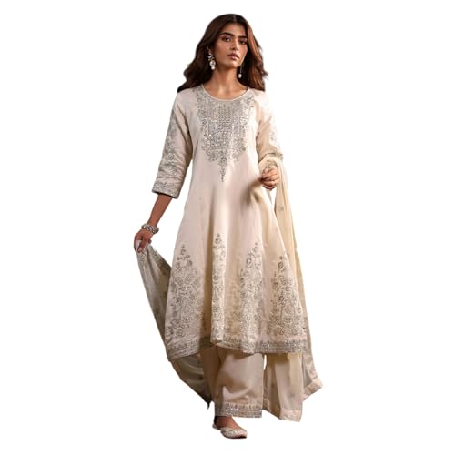 BIBA Women Off-White Cotton Silk Embroidered Kalidar Suit Set_42