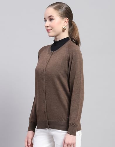 Monte Carlo Womens Solid Dark Brown Round Neck Full Sleeve Cardigan