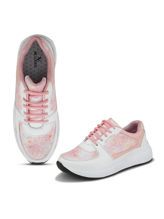 XE Looks Women Pink Printed Lace-Up Sneakers | Comfortable Lightweight Soft Sole Casual Shoes for Girls | Fashionable, and Stylish Design Footwear | Ideal for Walking, Running and Daily Use
