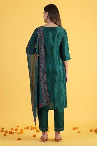 W for Woman Green Thread Embroidered Straight Kurta and Pants Set with Dupatta (Size: XL)-WS12310-119954