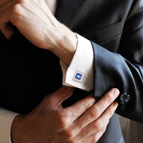 Peora Silver Plated Ocean Blue Navy Swarovski Crystal Square Cufflinks for Men Boys Business Gift
