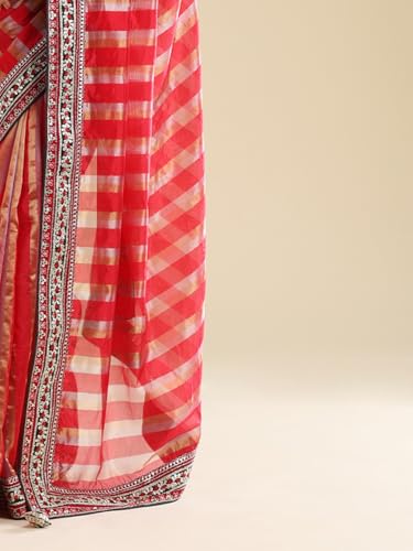 AKHILAM Women's Red Organza Striped Embellished Saree With Unstitched Blouse Piece (ANIKA3303_AG)