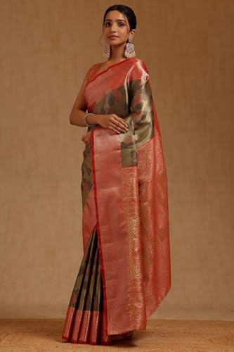 Soch Womens Olive Silk Blend Botanical Zari Woven Saree