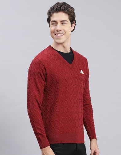 Monte Carlo Plum Self Design V Neck Pullover | Warm Woolen Pullover for Men | Soft Comfortable Knitted Winter Wear Sweater for Men's