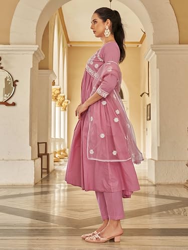 Womanista Women's Cotton Thread Alia Cut Flared Kurta With Pant And Dupatta (Kurtaset_1319_Xl)