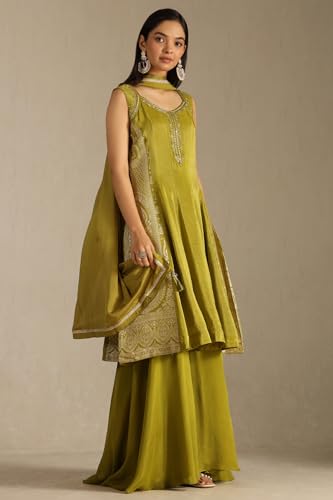 Soch Womens Green Tissue Zari Woven Suit Set With Mirror Work