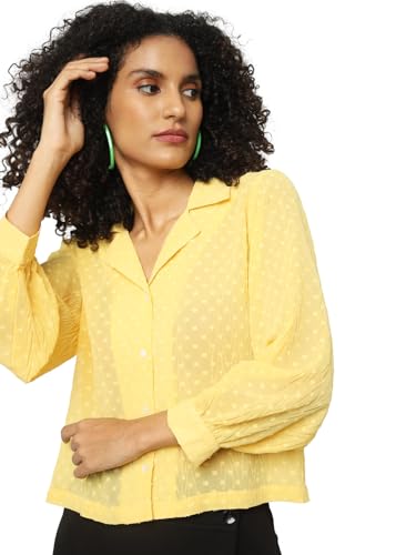 ONLY Women Self-Design Polyester Regular Fit Yellow Shirt