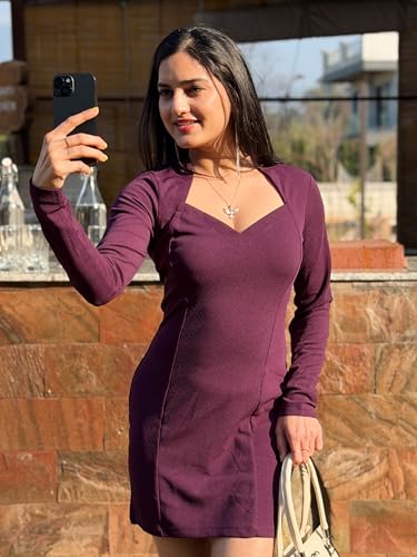 Tandul Women's Cotton Blend Regular Sleeves Purple Dress - Above Knee/Mid Thigh Length Solid Fashion Medium Size for Office, Casual, Festive & Party (12371)