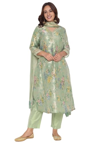 W for Woman Mint Green Printed Jacquard A-line Kurta, Straight Pant and Dupatta Set (Size: M)-WS13230-126423