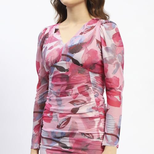 Madame Floral Print Ruched Pink Bodycon Dress