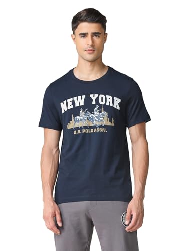 U.S. POLO ASSN. Denim Co. Men's Pure Cotton Graphic Printed T-Shirt (UDTSHOE0151_Blue_L)