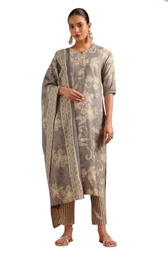 Soch Womens Grey Polyester Botanical Salwar Suit With Beads