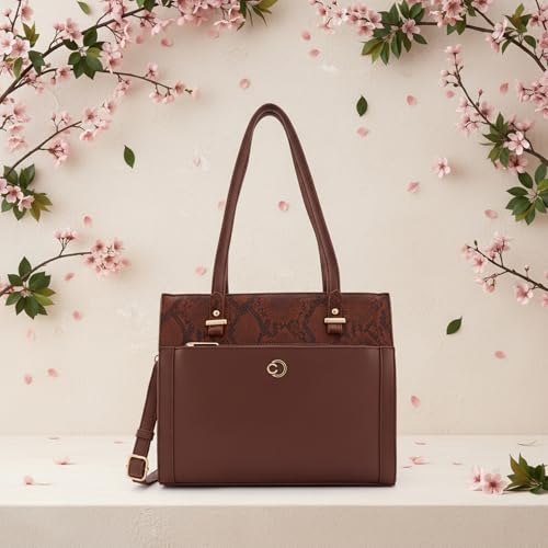 Caprese Bambi Medium Snake Textured Satchel Bag for Women | Elegant Multi-Compartment Shoulder Handbag with Adjustable & Detachable Strap | Zipper Closure | Perfect for Worl & Travel (Brown)