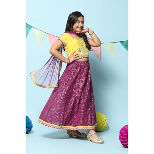 BIBA Girl Solid Cotton Blend Readymade Lehenga Choli Set(Kw5379_Yellow Purple_9)