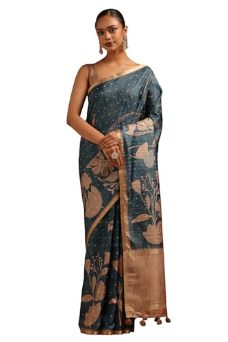 Soch Womens Blue Tussar Botanical Saree