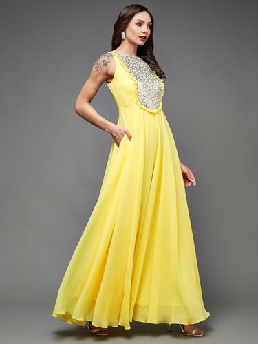Miss Chase Women's Round Neck Sleeveless Embellished Frilled Georgette Maxi Dress (MCAW22D99-88-EFE-06, Carmine Yellow, XL)