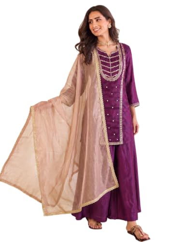 wine embroidered kurta set paired with a shimmering organza dupatta.