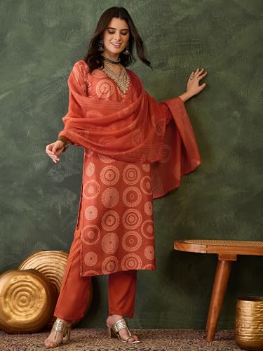 VARNI FABRIC Rayon Kurta Set for Women | Full Sleeves Embroidered Straight Kurta Set | Woman Salwar Suit with Pant & Dupatta | Festive Wedding Ethnic Wear | Prefect for Office Summer | Orange | M