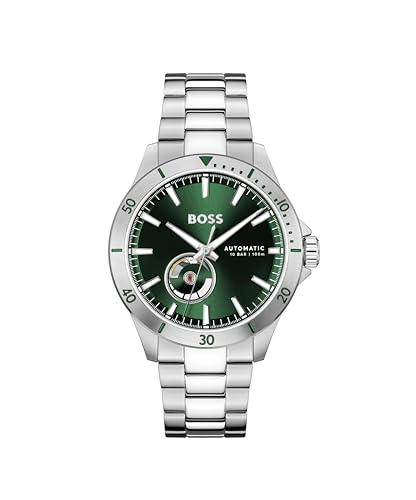 BOSS Troper Men's Automatic Mechanical Watch, Stainless Steel, 10ATM/100m Water Resistant - Stylish, Durable Timepiece - Self-Winding - Gift for Him, 43mm, Silver-Green, bracelet
