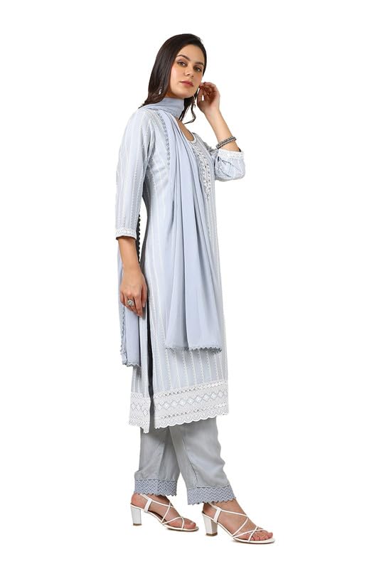 Soch Womens Grey Rayon Embroidered Suit Set With Mirror Work
