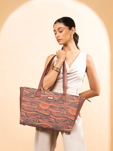 ZOUK Pithora Artistry Abstract Printed Women Jute Vegan Leather Space Blue Office Tote Bag for Ladies With Laptop Compartment