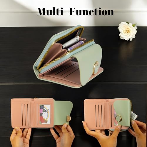 PRANIJ Small Leather Bifold Wallet for Women Fashion Compact Slim Credit Card Holder with Zipper Coin Pocket, Mini Clutch Purse for Girls (Pale Green)