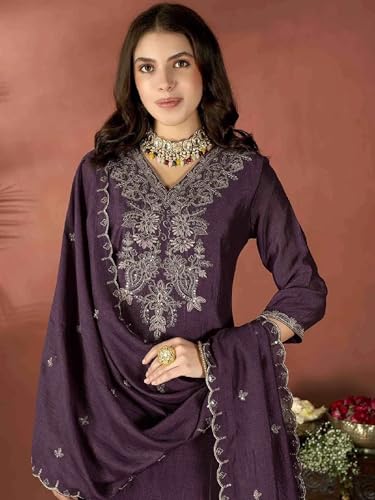 VARNI FABRICS: A lady's First Love Women's Wine Vichitra Embroidered Kurta With Pants And Embroidered Dupatta, Ethnic Salwar Suit Set (IN, Alpha, M, Regular)