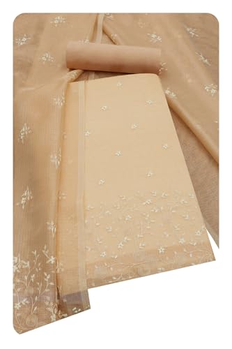 Soch Womens Beige Kota Shimmer Embroidered Unstitch Dress Material With Thread Work