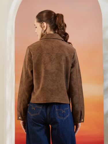 Latin Quarters Women's Brown Solid Collar Neck Full Sleeves Casual Jacket_XL